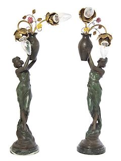 * A Pair of Art Nouveau Style Patinated Metal Figural Lamps, after P. Philippe, Height of each 30 inches.
