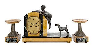 An Art Deco Cast Metal and Marble Mantle Clock, Height of clock 11 1/2 x width 14 5/8 inches.