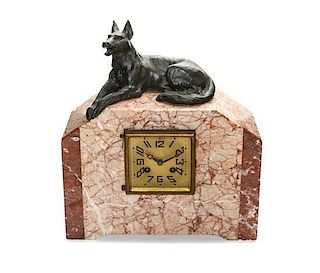 An Art Deco Cast Metal and Marble Figural Mantle Clock, Height 13 x width 11 5/8 x depth 4 inches.