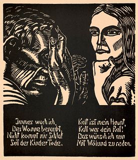 Wrage, Klaus Das Wölundlied. / Brynhilds Helfahrt. In 44 u. 18 Holzschnitten mit 1 Holzschnitt-Titel. Berlin, Holle, 1926/1930. Folio. OHLwd. als Bloc