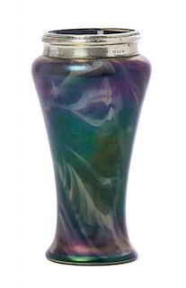 An Iridescent Glass and English Silver Mounted Vase, Height 6 1/2 inches.