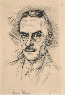 Heuser, Heinrich Original Radierung mit Portrait Thomas Manns auf Bütten. 1922. Unterhalb von Thomas Mann und dem Künstler eigenhändig signiert. Ca. 2