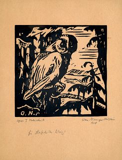 Niemeyer-Holstein, Otto Opos I. Holzschnitt auf chamoisfarbenem Papier. Mit eh. Widmung, signiert, bezeichnet u. datiert 1918. Ca. 15,5 x 15,5 cm (30 
