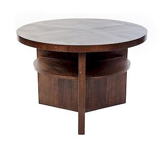 An Art Deco Style Oak Low Table, Height 26 3/4 x diameter 38 inches.