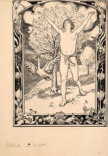 o.T. (Jüngling mit Schwan.) Wohl Illustrationsentwurf zu Gerhart Hauptmanns "Hirtenlied". Um 1921. Federzeichnung auf Papier. 18,5 x 13,5 cm (23,3 x 1