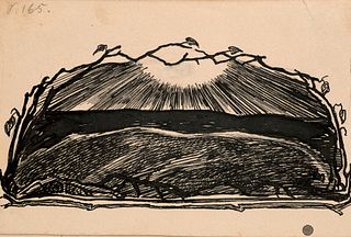 o.T. (Landschaft.) Wohl Illustrationsentwurf zu Gerhart Hauptmanns "Hirtenlied". Um 1921. Federzeichnung auf Papier. 9 x 14 cm. Punktuell auf Unterlag