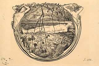 o.T. (Liegender Jüngling vor Sonnenuntergang.) Wohl Illustrationsentwurf zu Gerhart Hauptmanns "Hirtenlied". Um 1921. Federzeichnung auf Papier. 14 x 