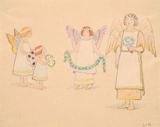 o.T. (Vier Engel). Illustrationsentwurf zu Gerhart Hauptmanns "Hanneles Himmelfahrt". Um 1894. Graphit und Pastell auf chamoisfarbenem Papier. 15,5 x 