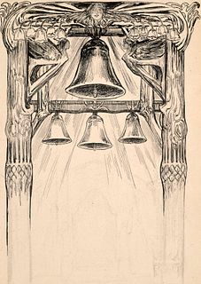 o.T. (Vier Glocken.) Wohl Illustrationsentwurf zu Gerhart Hauptmanns "Hirtenlied". Um 1921. Kohle und Feder auf Papier. 23 x 16,3 cm. Punktuell auf Un