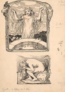 o.T. Zwei Illustrationsentwürfe auf einem Blatt wohl zu Gerhart Hauptmanns "Hirtenlied". Um 1921. Federzeichnung auf Papier. 23,1 x 16,2 cm. Punktuell