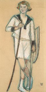 Porträt von Gehart Hauptmanns Sohn Benvenuto. Um 1912. Kohle und Pastell auf chamoisfarbenem Papier. 47,5 x 28,5 cm. Monogrammiert. Voll auf Unterlage