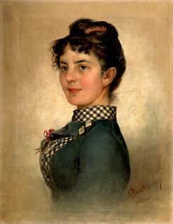 Anrather, Karl Bildnis einer Dame. 1887. Öl auf Leinwand. 41,5 x 32,3 cm. Signiert und datiert sowie ortsbezeichnet "Waldruhe". - Partiell mit leichte