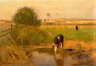 Jettel, Eugen Landschaft mit weidenden Kühen. 1893. Öl auf Leinwand. 38 x 55,5 cm. Signiert und datiert. Gerahmt. Verso mit Etiketten der Kunst-Auktio