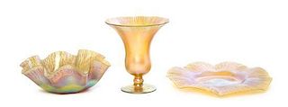 Three Tiffany Studios Gold Favrile Glass Articles, Height of first 4 3/8 inches.