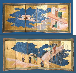 Pair of Antique Japanese Six-Panel Folding Screens