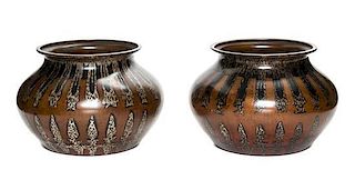 A Pair of Associated German Mixed Metal Vases, Height 4 1/2 inches.