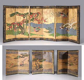 Two Antique Japanese Six-Panel Folding Screens