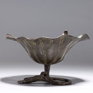 Antique Japanese Bronze Metal Lily Pad Bowl