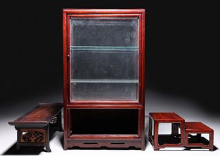 Group of Three Japanese Wooden Display Case & Stands