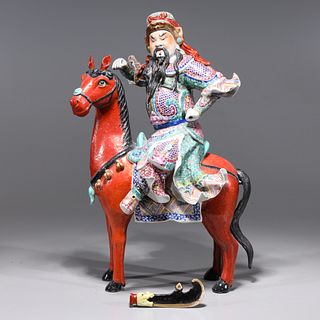 Antique Chinese Famille Rose Enameled Porcelain Horseback Warrior