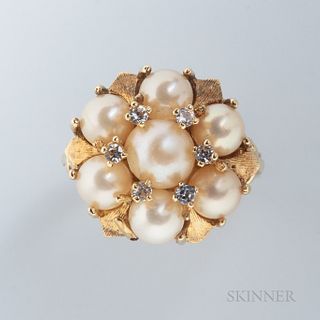 14kt Gold, Cultured Pearl, and Diamond Ring