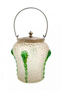 * An Austrian Glass Biscuit Jar, attributed to Kralik, Height over handle 11 inches.