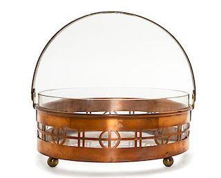 A Seccessionist Style Copper, Brass and Cut Glass Basket, Diameter 7 1/4 inches.