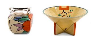 Two Clarice Cliff Bizarre Ware Pottery Table Articles, Height of first 3 1/2 inches.