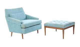 * An American Teak and Upholstered Lounge Chair and Ottoman, Height 31 1/2 inches.