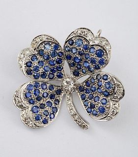 14k White Gold, Sapphire and Diamond Clover Pin