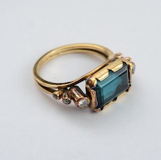 14k Gold, Blue-Green Tourmaline and Diamond Ring