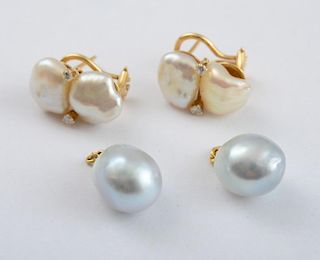 14k Gold, Keshi Pearl and Diamond Earrings