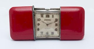 Movado .935 Silver and Red Enamel Chronometer Ermeto Purse Watch