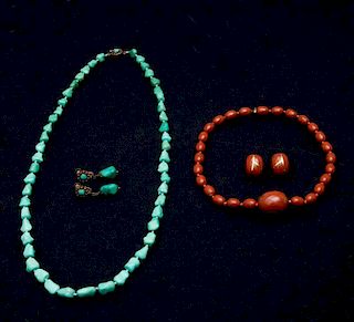 Silver-Mounted Turquoise Necklace and a Pair of Matching Earrings