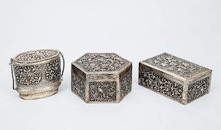Two Eastern Pierced Filigree Silver-Plated Boxes and a Repoussé Box