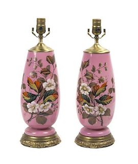 A Pair of Bristol Enameled Glass Vases, Height 11 1/2 inches.