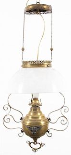 A Victorian Brass Fluid Lamp Chandelier, Height overall 33 inches.