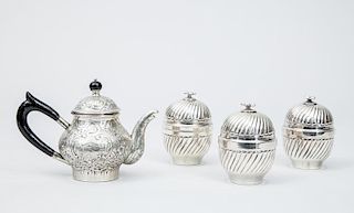 North African Repoussé 800 Silver Individual Teapot and Three Spiral Reeded Cups and Covers