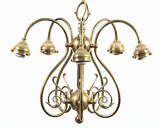 A Brass Five-Light Chandelier, Height 17 x diameter 19 inches.