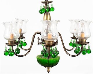 A Brass and Glass Six-Light Chandelier, Height 21 inches.