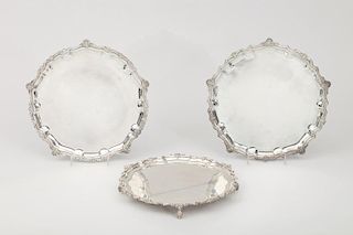 Pair of Georgian Style Silver-Plated Trays and a Matching Tripod Salver