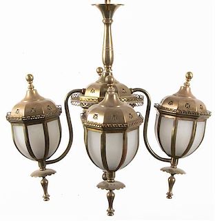 A Brass and Frosted Glass Five-Light Chandelier, Height 21 inches.