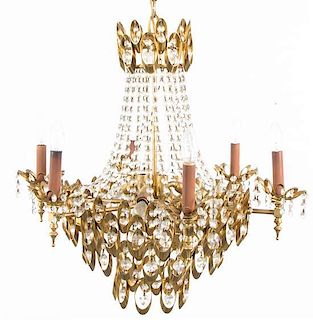 A Mid-Century Gilt Brass and Glass Chandelier, Height 26 x diameter 25 inches.