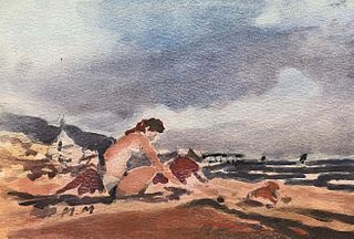 MAURICE MAZEILIE-FRENCH IMPRESSIONIST SIGNED WATERCOLOUR- Figure On Cloudy Beach