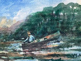 FRENCH IMPRESSIONIST SIGNED WATERCOLOUR - FISHERMAN IN TRANQUIL LAKE