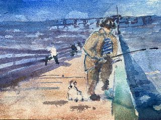 FISHERMAN ON QUAY MAURICE MAZEILIE - FRENCH IMPRESSIONIST WATERCOLOUR