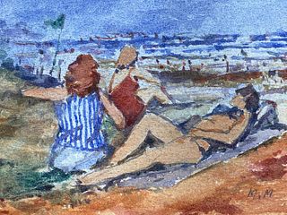 FRENCH IMPRESSIONIST SIGNED WATERCOLOUR - LADIES DAY AT THE BEACH