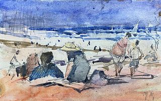 FRENCH IMPRESSIONIST SIGNED WATERCOLOUR - FIGURES ON BRIGHT BEACH