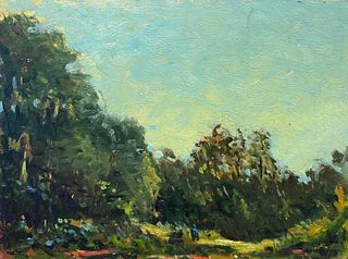 FRENCH IMPRESSIONIST SIGNED OIL - BRIGHT BLUE SKY OVER FOREST LANDSCAPE