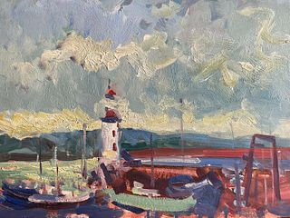 MAURICE MAZEILIE - FRENCH IMPRESSIONIST SIGNED OIL - BRITTANY HARBOUR LIGHTHOUSE